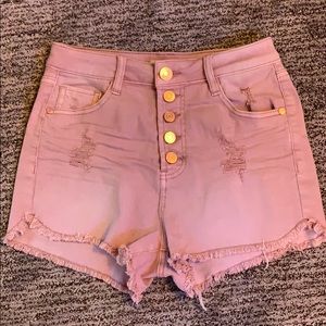 Distressed dusty rose high waisted jean shorts